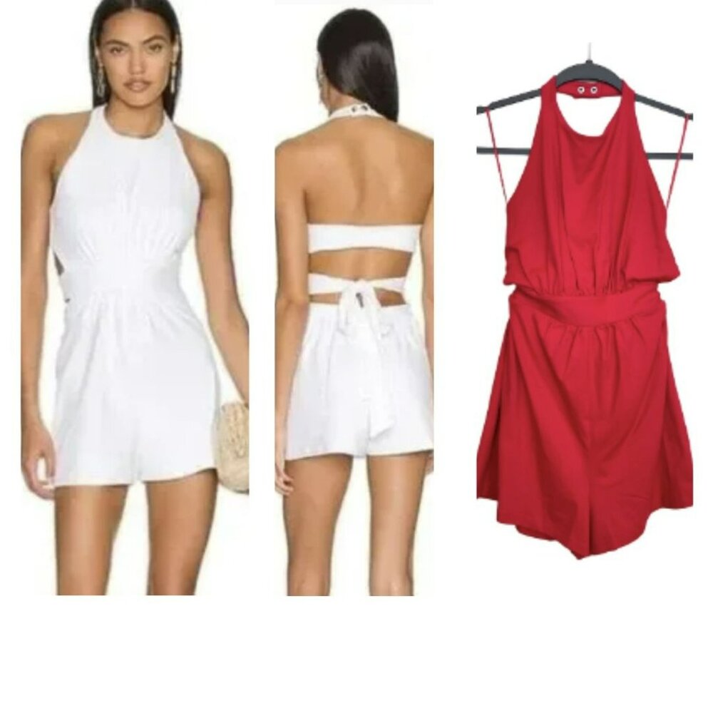 Susana Monaco Jersey Red Romper High Halter Tie Open Strappy Back Medium NWT